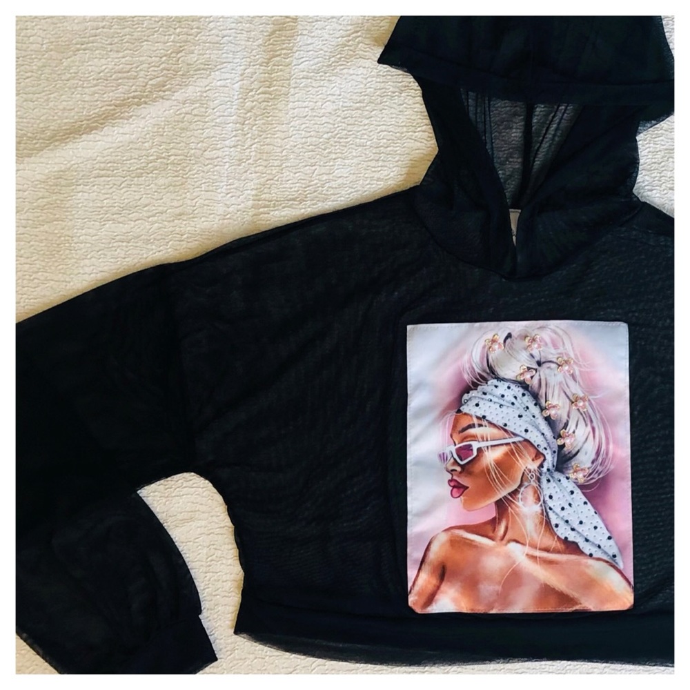 Embellished Graphic Mesh Crop Top Hoodie w/ 3D Raised Detailing. - Picture 2 of 10